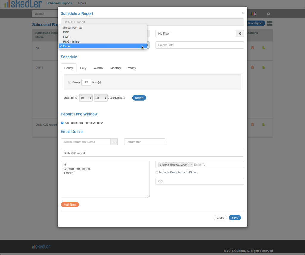 Skedler - Select report format in schedule a report window