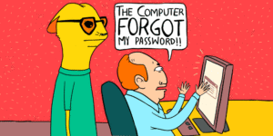 A man is sitting in front of his computer saying "The computer forgot my password!!"