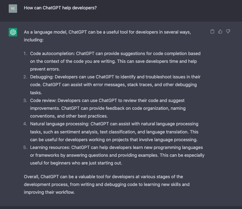 ChatGPT answers how it can help developers
