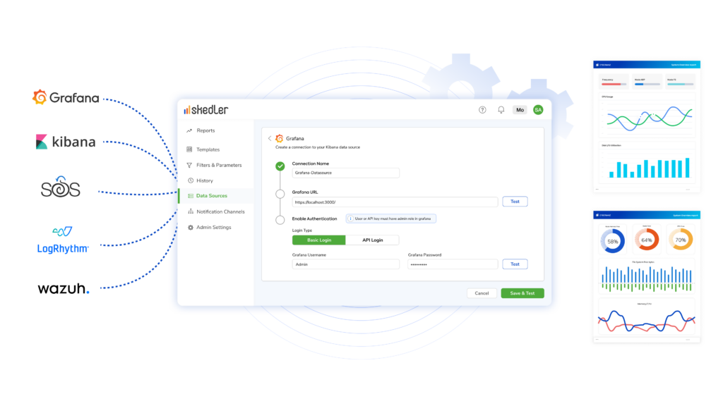 Skedler connecting Grafana, Kibana, Security Onion, LogRhythm, and Wazuh to automate system overview reports