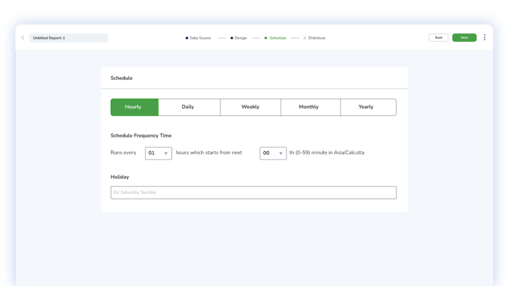 Skedler no-code report scheduling screen showing frequency options including hourly, daily, weekly, monthly, and yearly cadences, with custom time zone and holiday exclusion settings for automated Grafana report automation.
