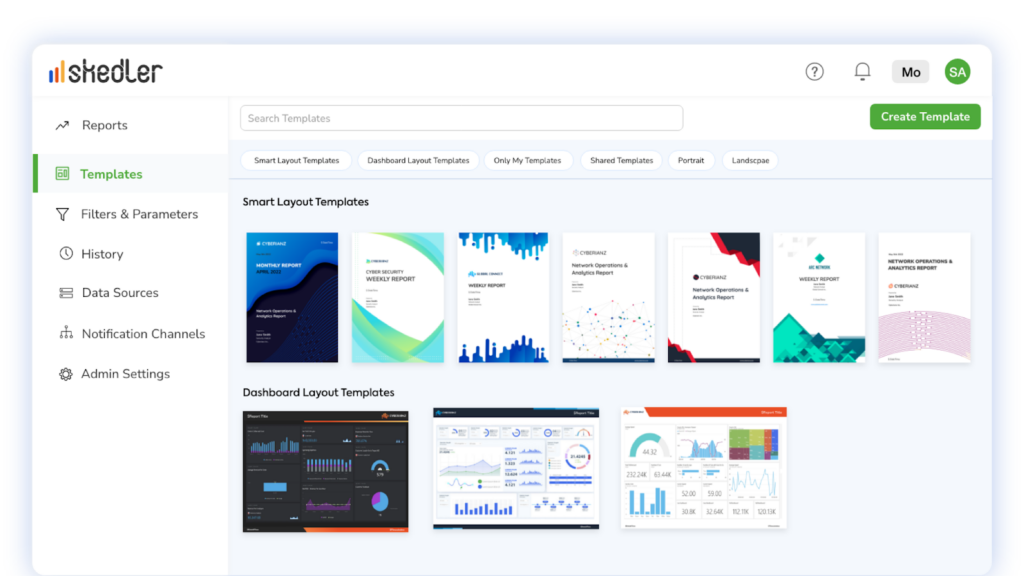 Skedler report template library showing Smart Layout and Dashboard Layout templates for automated Grafana reporting including cybersecurity weekly reports and network operations analytics reports