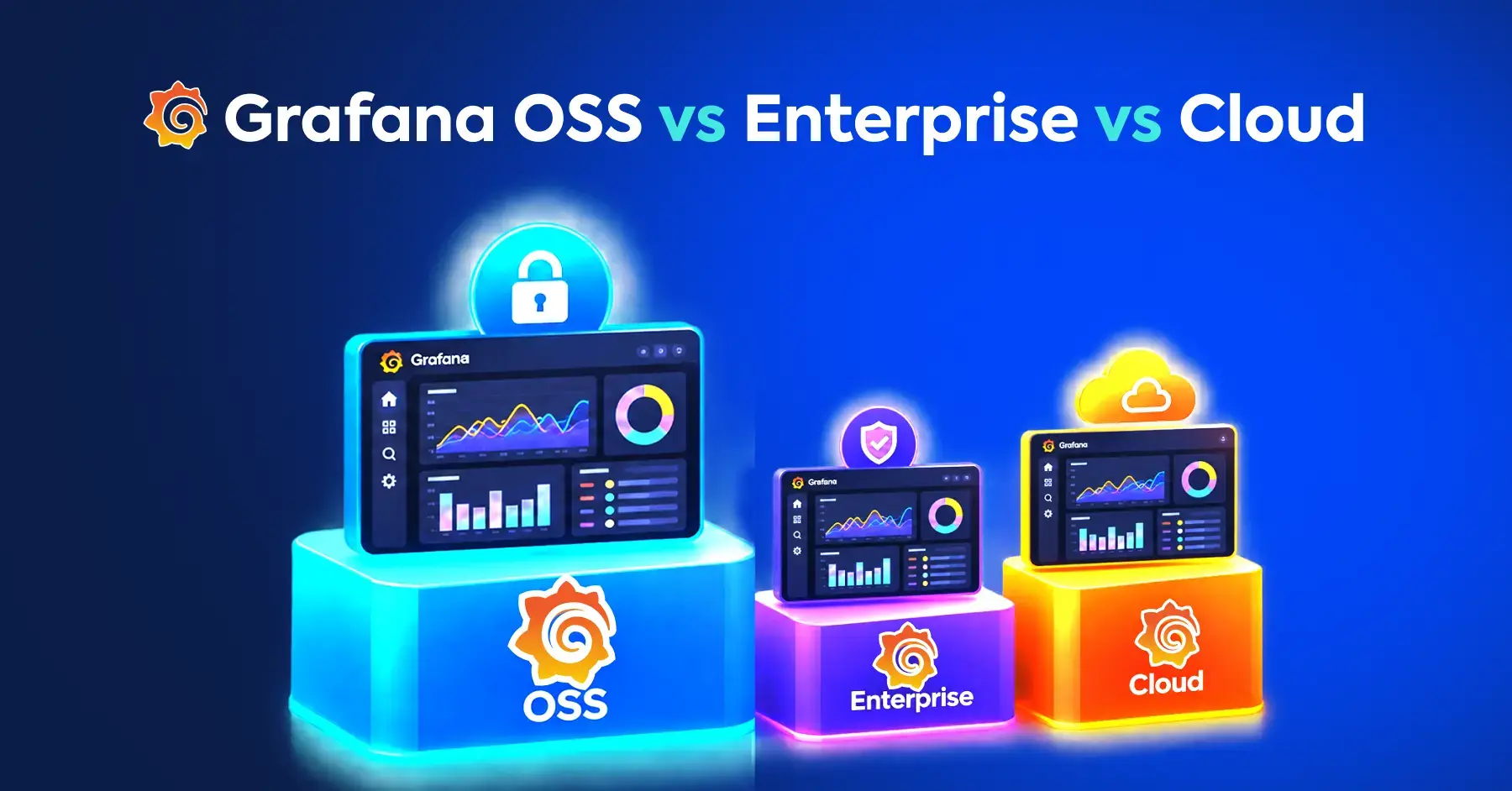Grafana OSS vs Enterprise vs Cloud comparison illustration with dashboard panels for each option